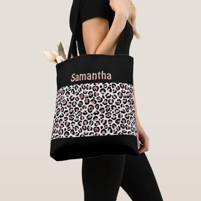 Tote Bag Monogramme Chic Rose Gold et Imprimé Léopard Noir  (De près)