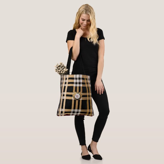Tote Bag Monogramme Classique Gris Plaid, Noir & Beige (Sur le modèle)