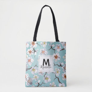 Tote Bag Monogramme coloré en fleurs de cerisier blanc