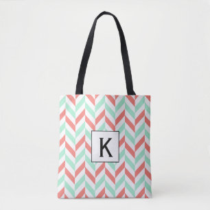 Tote Bag Monogramme Coral rose et menthe vert argenté