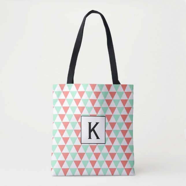 Tote Bag Monogramme Coral rose et vert menthe triangles (Devant)