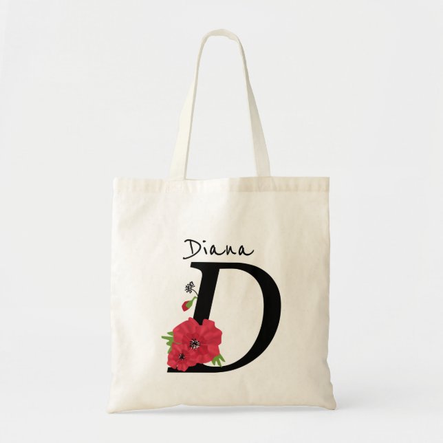 Tote Bag Monogramme D, lettre D, fleurs, monogramme (Devant)