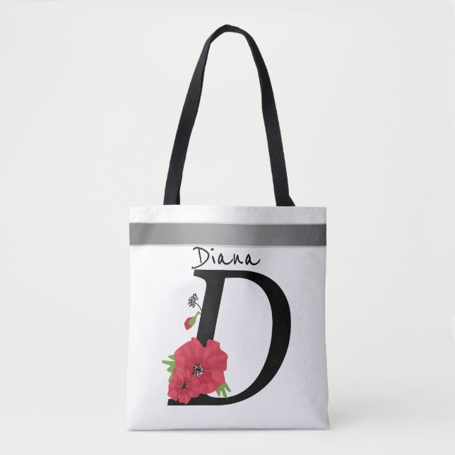 Tote Bag Monogramme D, lettre D, fleurs, monogramme (Devant)