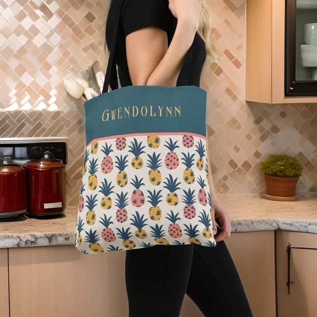 Tote Bag Monogramme d'ananas rétro Gold, rose et Turquoise (Créateur téléchargé)