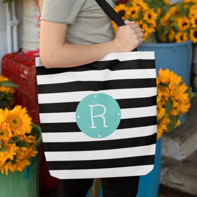 Tote Bag Monogramme d'aqua à rayures noir et blanc (Créateur téléchargé)