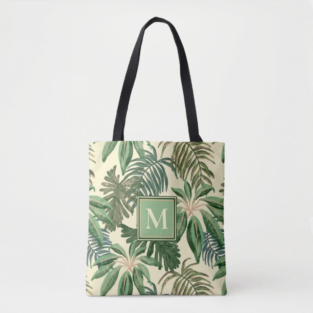 Tote Bag Monogramme d'aquarelle des Feuilles de palmiers tr (Devant)