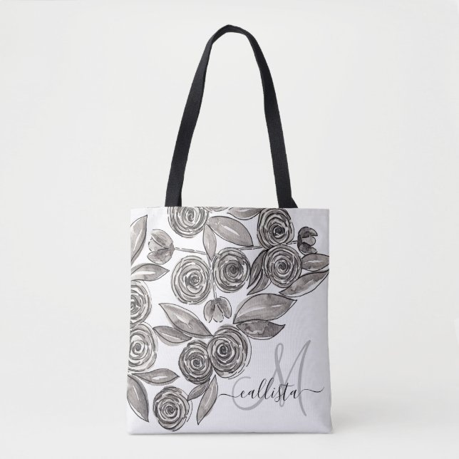 Tote Bag Monogramme d'aquarelle florale noir moderne (Devant)