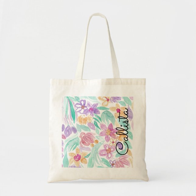 Tote Bag Monogramme d'aquarelle florale rose pâle (Devant)