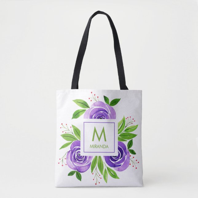 Tote Bag Monogramme d'aquarelle violet Rose personnalisé (Devant)