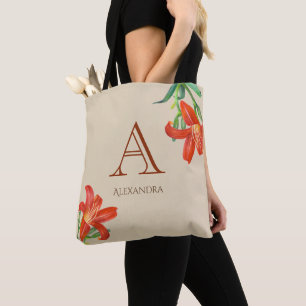 Tote Bag Monogramme d'art floral de la Lily orange d'aquare