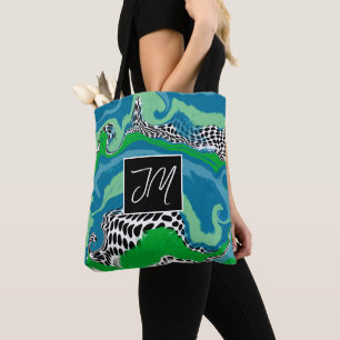Tote Bag Monogramme d'art fluidique bleu et gris