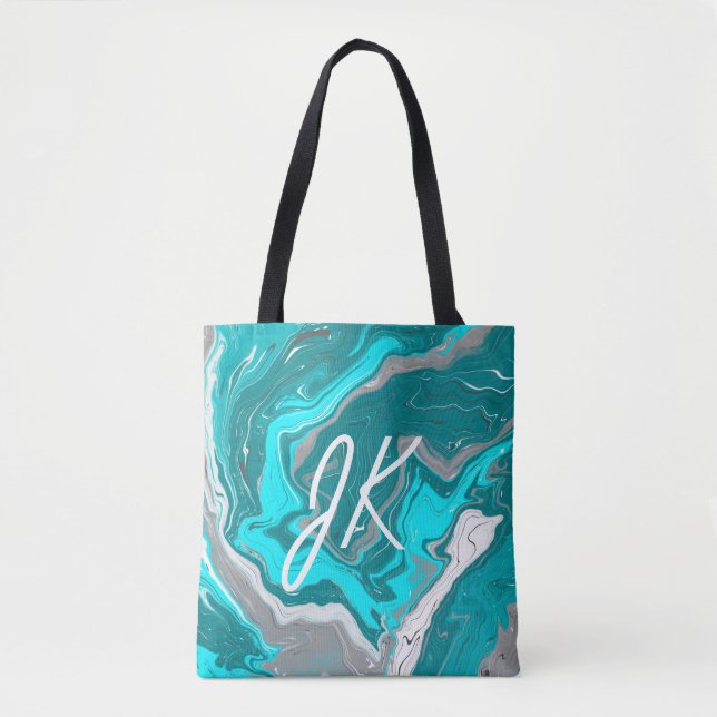 Tote Bag Monogramme d'art fluvial en marbre bleu, Turquoise (Devant)