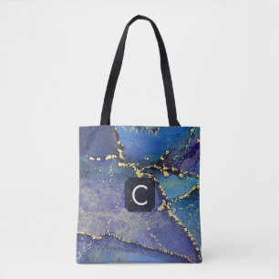Tote Bag Monogramme d'art liquide violet bleu sarcelle et o
