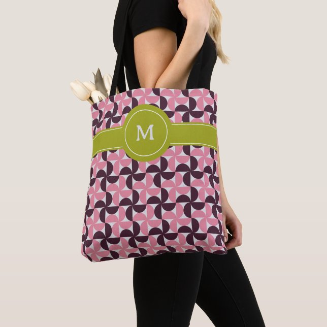 Tote Bag Monogramme de chaux vert de fleurs rose géométriqu (De près)