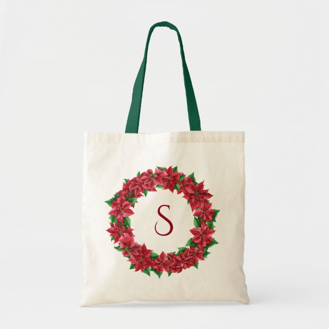 Tote Bag Monogramme de couronne de fleurs de Poinsettia (Devant)
