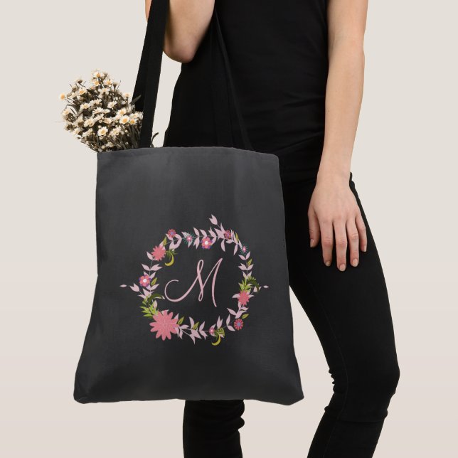 Tote Bag monogramme de couronne florale rose (De près)
