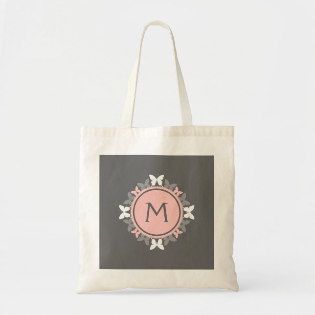 Tote Bag Monogramme de couronne papillon rose rose blanche  (Devant)