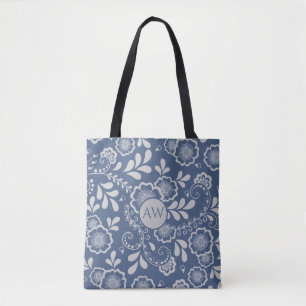 Tote Bag Monogramme de dentelle victorienne en argent et bl