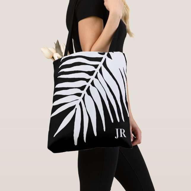 Tote Bag Monogramme de feuille de palme noir et blanc (De près)
