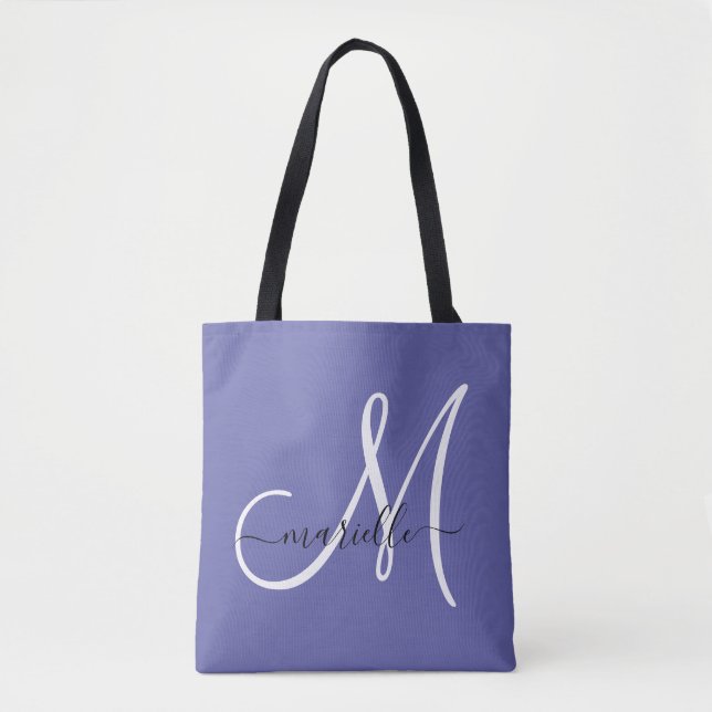 Tote Bag Monogramme de fille bleu à perches blanches (Devant)