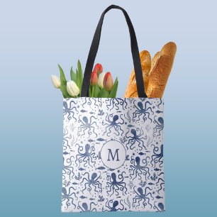 Tote Bag Monogramme de la Pieuvre Sous-Marine Aquarelle Ble