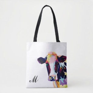 Tote Bag Monogramme de la vache pop art colorée