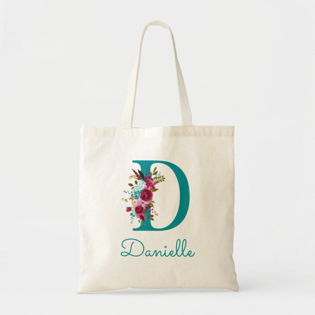 Tote Bag Monogramme de lettre D en écriture florale sarcell (Devant)