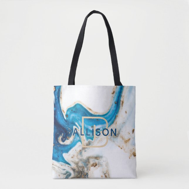 Tote Bag Monogramme de Marbre blanc d'or bleu Abstrait (Devant)