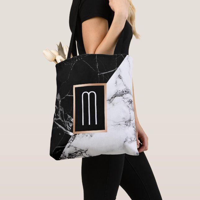 Tote Bag Monogramme de marbre blanc noir à la mode de (De près)