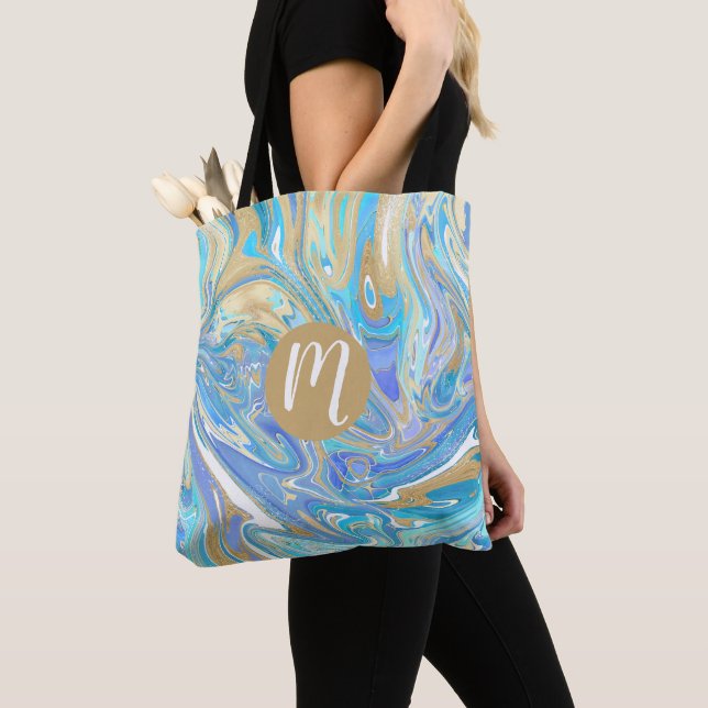 Tote Bag Monogramme de marbre liquide Pearlescent Aqua & Go (De près)