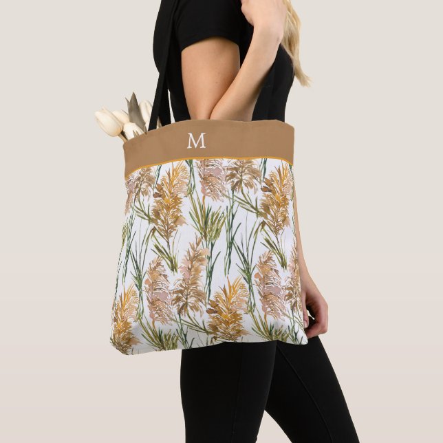 Tote Bag Monogramme de Motif de grasse Pampas vert et Brown (De près)