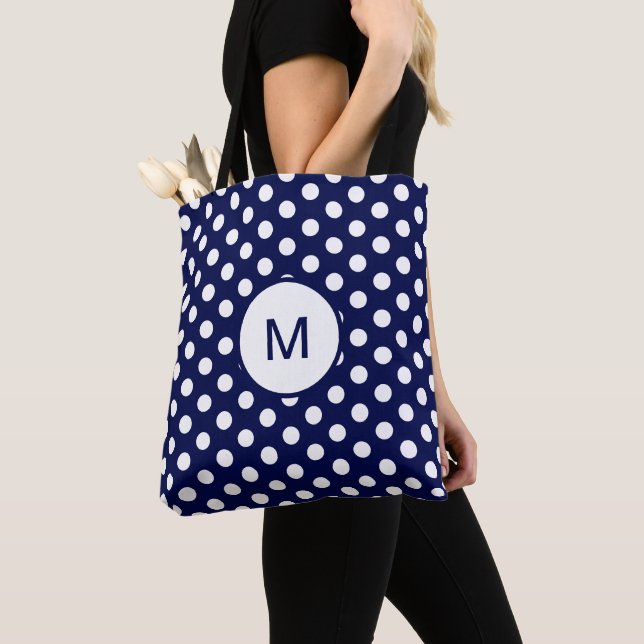 Tote Bag Monogramme de motif de point de polka de bleu (De près)