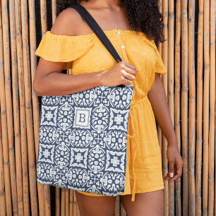 Tote Bag Monogramme de Motif méditerranéen blanc et marine