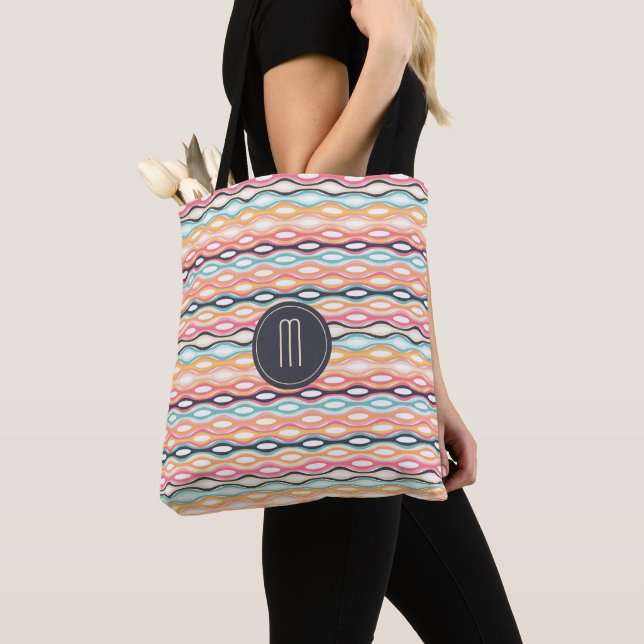 Tote Bag Monogramme de Motif rétro de ligne géométrique (De près)