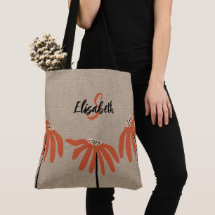 Tote Bag Monogramme de nom floral rustique orange noir bron