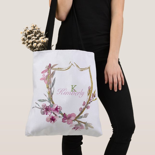 Tote Bag Monogramme de nom initial floral à fleurs de ceris (De près)