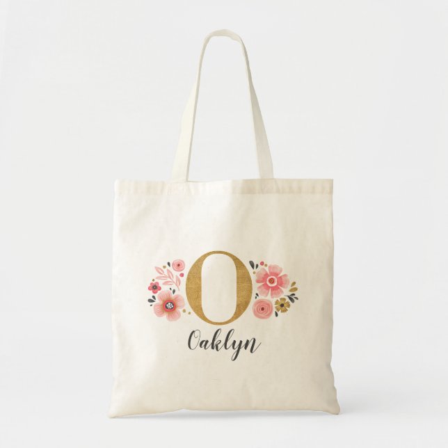 Tote Bag Monogramme de nom initial floral rose or (Devant)