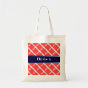 Tote Bag Monogramme de nom marine Fancy Quatrefoil Rouge Co