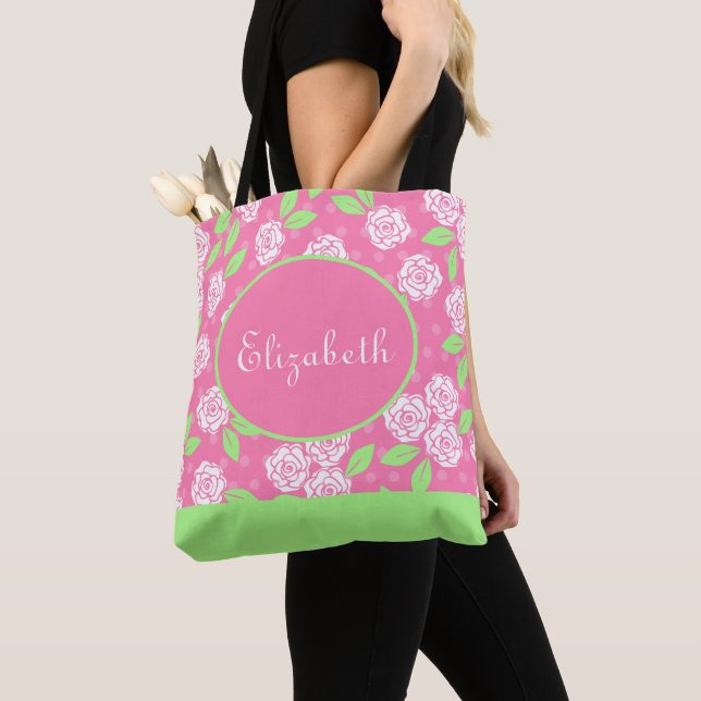 Tote Bag Monogramme de nom Rose Vert Shabby Chic Floral (De près)