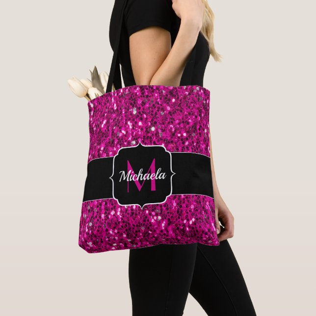 Tote Bag Monogramme de parties scintillant étincelante rose (De près)