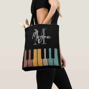 Tote Bag Monogramme de piano rétro Nom noir personnalisé