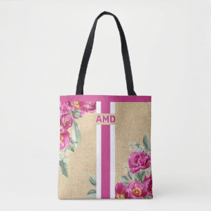Tote Bag Monogramme de pivoine rose Faux Burlap Jute