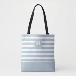 Tote Bag Monogramme de plage rayé bleu blanc côtier
