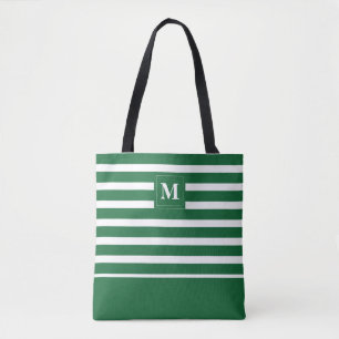 Tote Bag Monogramme de plage rayé vert côtier blanc