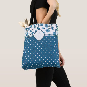 Tote Bag Monogramme de point de Polka Rose bleu