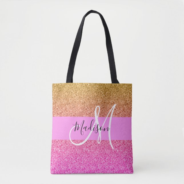 Tote Bag Monogramme de reflet rose et or Parties scintillan (Devant)