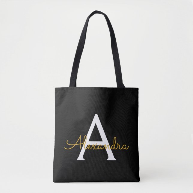 Tote Bag Monogramme de script féminin or nom noir Moderne (Devant)