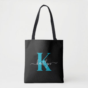 Tote Bag Monogramme de script sarcelle noir moderne