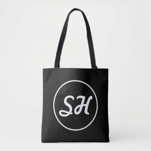 Tote Bag Monogramme de style rétro-moderne cool Noir et b