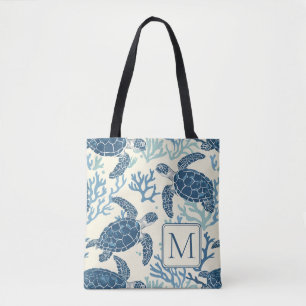 Tote Bag Monogramme de tortues marines bleues et crémeuses